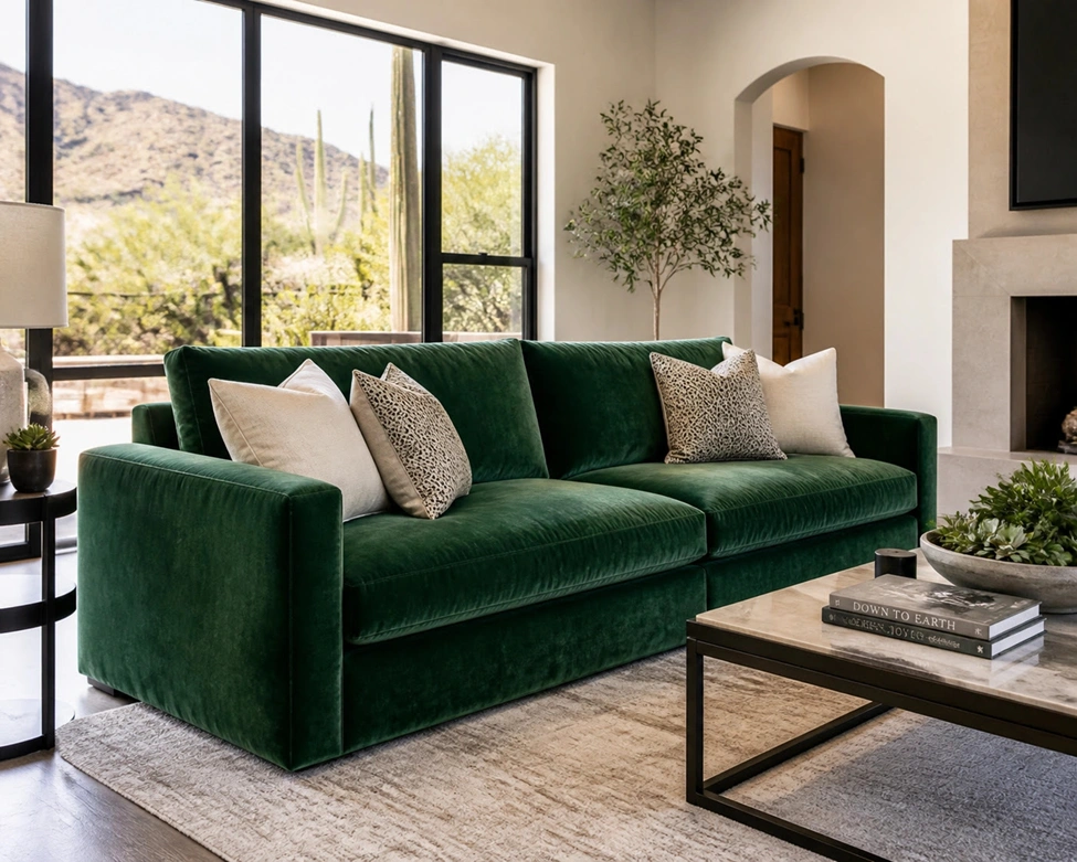 Emerald green sofa in a Scottsdale home after professional
furniture delivery Phoenix