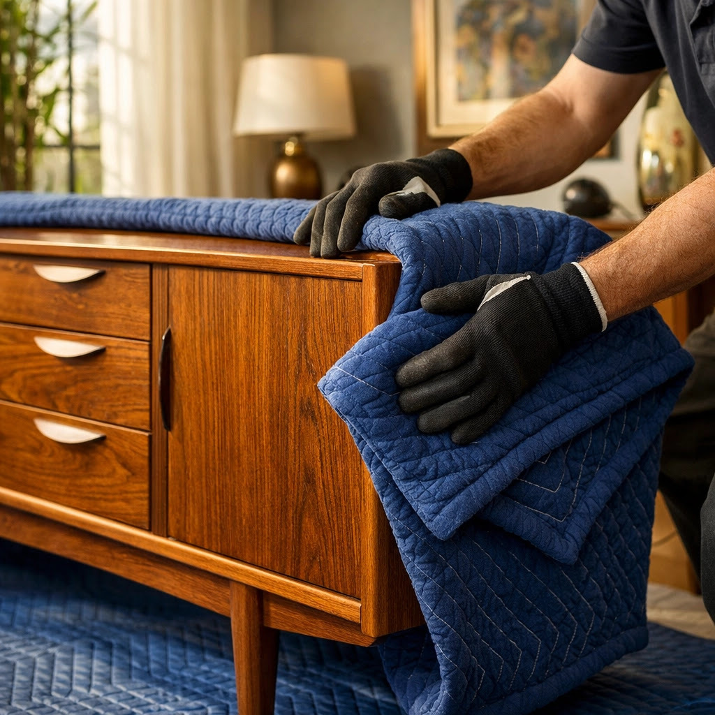 Mover expertly wrapping a vintage sideboard for a secure marketplace pickup in Scottsdale or Chandler.